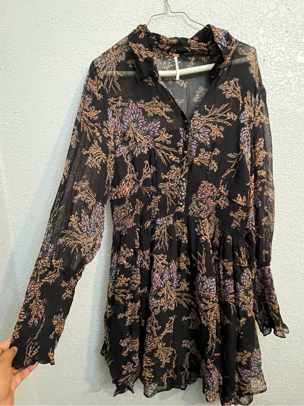 Free People Black Floral Sheer Long-Sleeve Tunic
